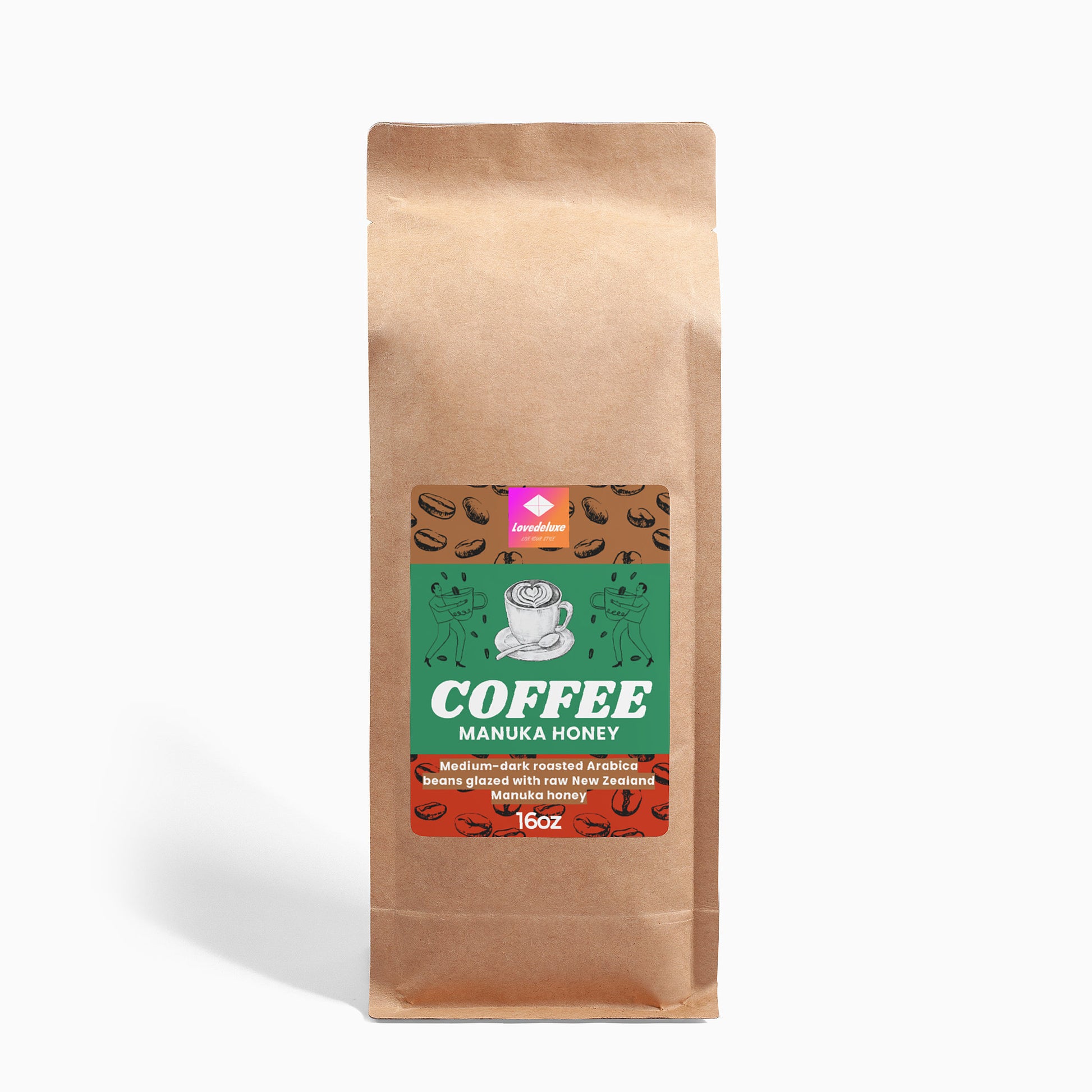 Brown coffee bag with a label on a white background