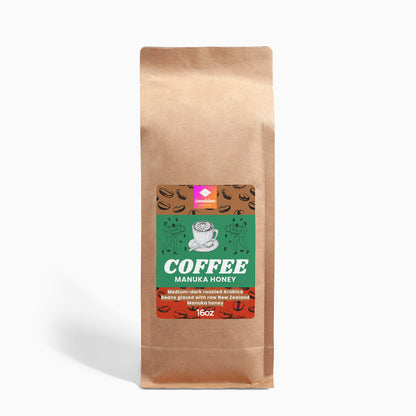 Brown coffee bag with a label on a white background